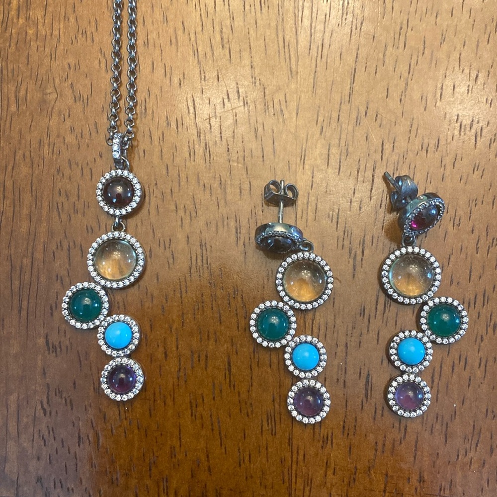 Silver and rainbow Hespera earring-necklace duo